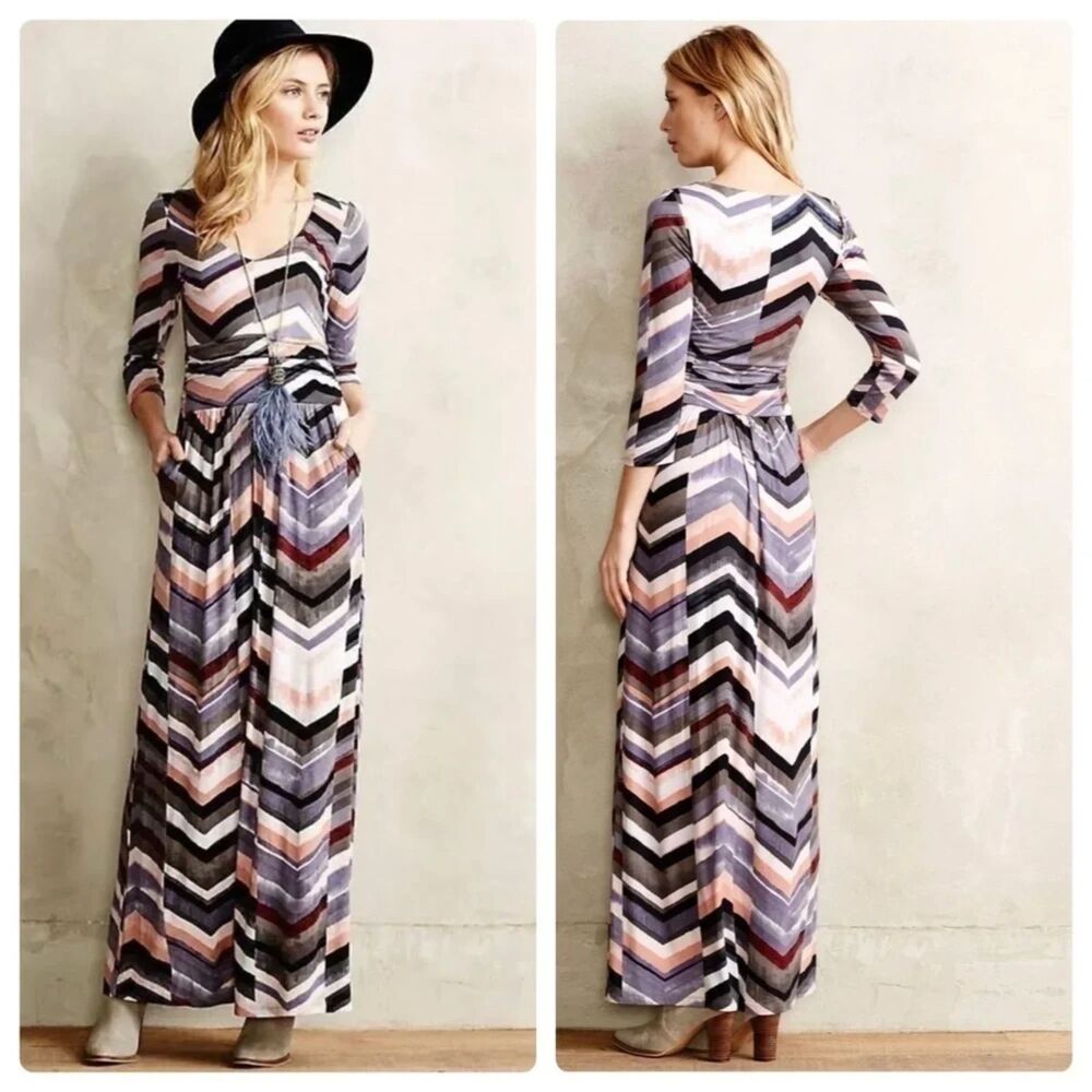 Maeve for Anthropologie Novela Chevron Striped Knit 3/4 Sleeve Maxi Dress S Boho